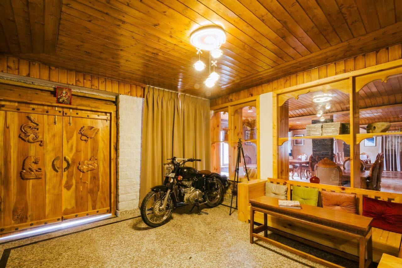 Lounge area featuring the classic motorcycle